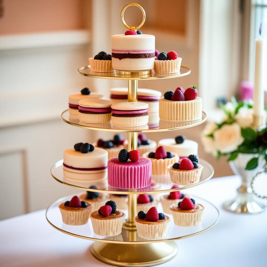 Dessert tower of mini cakes and berry tarts