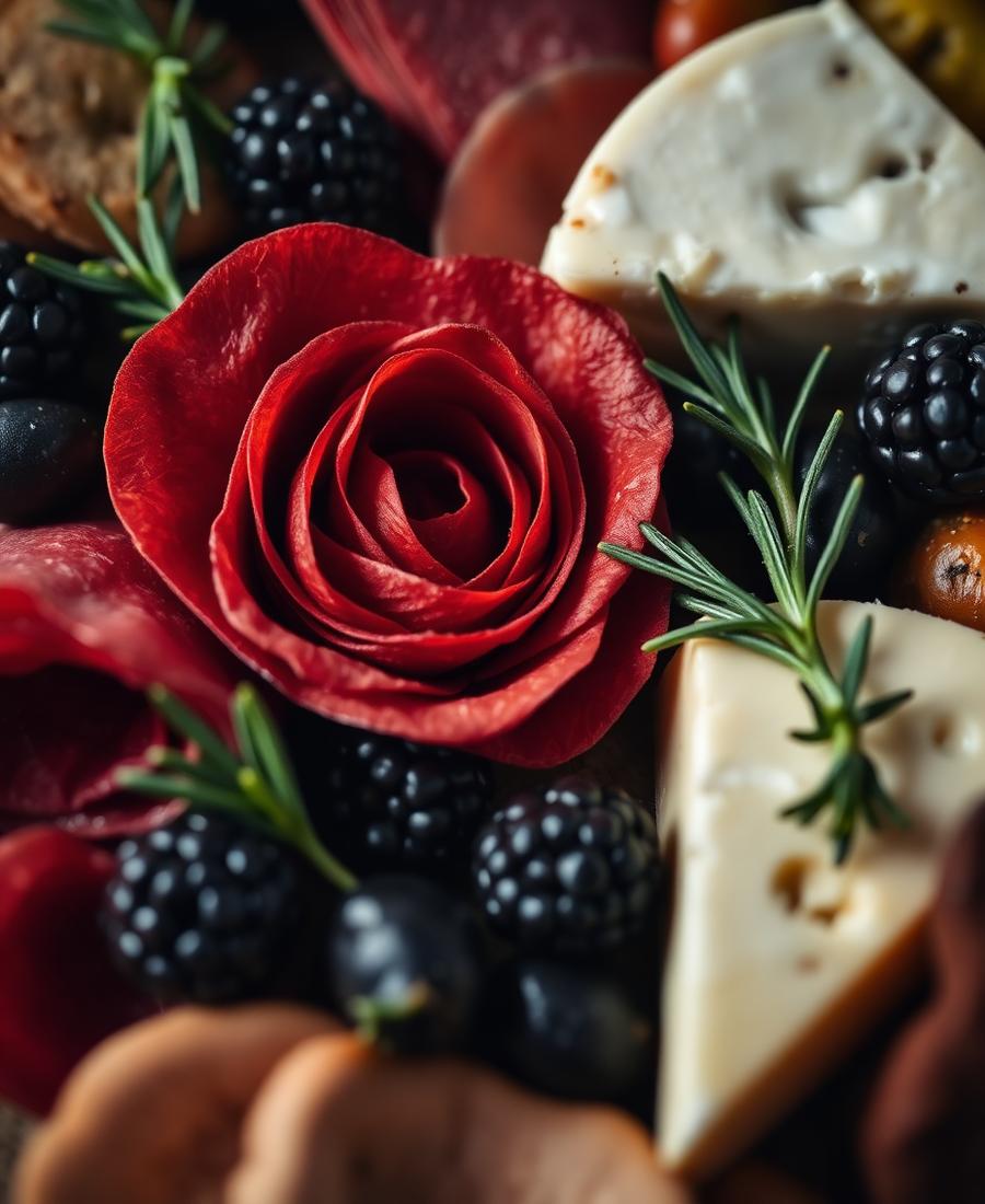 Close-up of salami roses, brie and blackberries on a grazing board