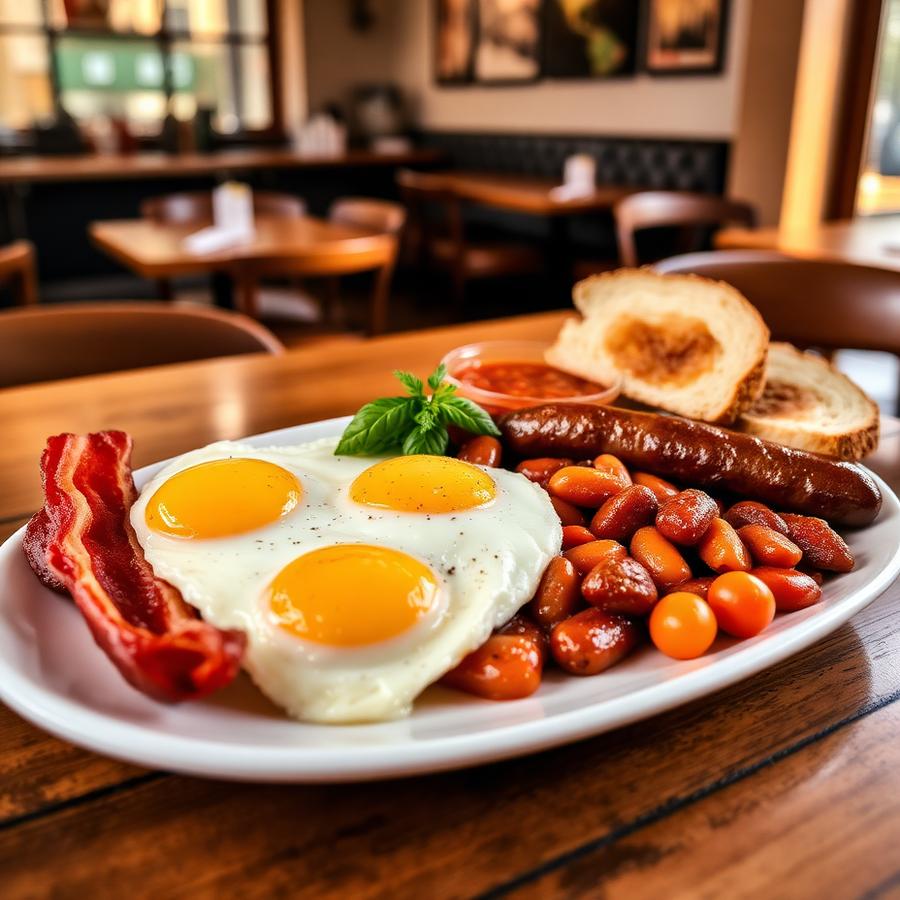Full English breakfast plated in a cafe
