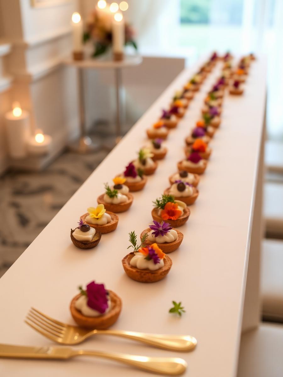Canapés with edible flowers on a long table