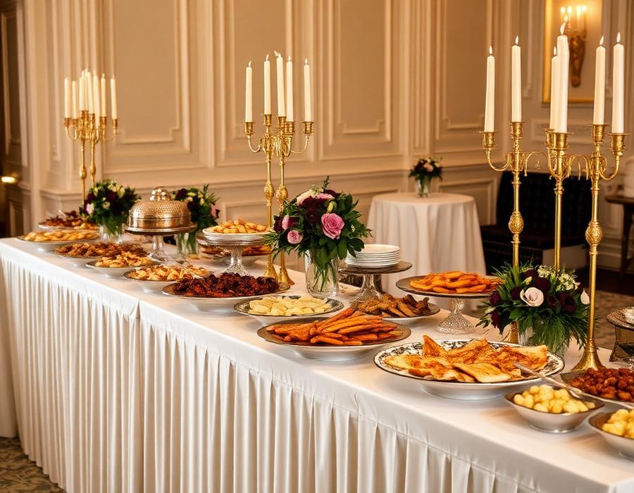 Wedding buffet table laid with platters