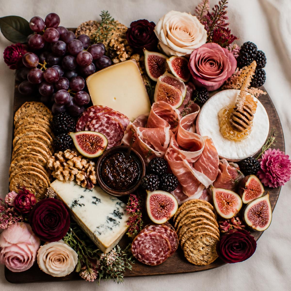 Grazing board of cheeses, cured meats, figs, berries and fresh roses